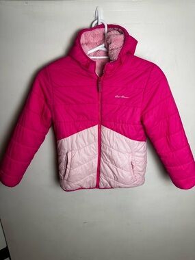 Eddie Bauer Kids Reversible Puffer Coat Large 14/16 Pink Hooded Winter Jacket